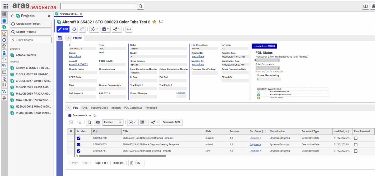 Screenshot of the Aras Innovator PLM software interface displaying a project record for an aircraft modification. The screen shows project metadata fields including ID, type, make, model and serial number, along with a PDL tab listing three CAD document templates – a structural drawing, block diagram drawing and placard drawing – each with revision status, classification and modification dates. A PDL status panel on the right indicates production drawings released versus total planned.