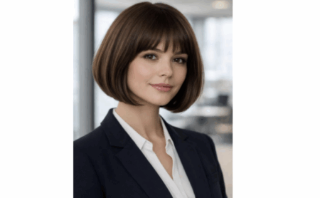 A 3D rendered avatar of a dark-haired woman in a navy blazer, representing the Avia AI personal assistant concept from Rosen Aviation