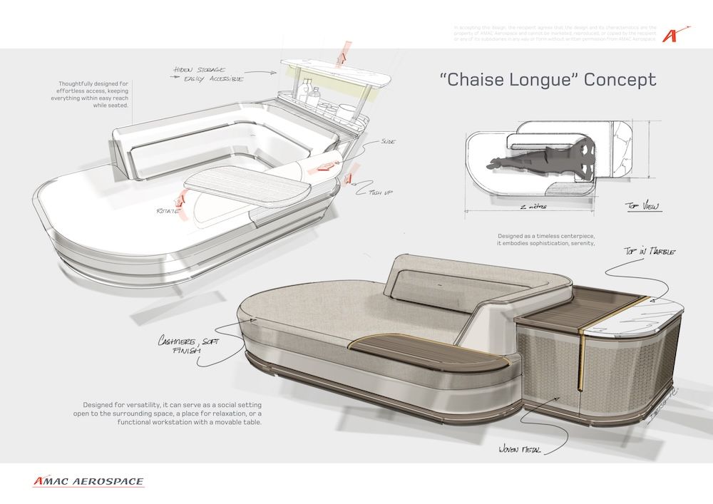 Design concept drawings for AMAC Aerospace’s bespoke Chaise Longue private jet cabin feature, showing multiple views including a top view with dimensions, annotated details for hidden storage, a rotating and sliding adjustable table mechanism, and a rendered perspective view finished in cashmere fabric with woven metal panelling and a marble top.