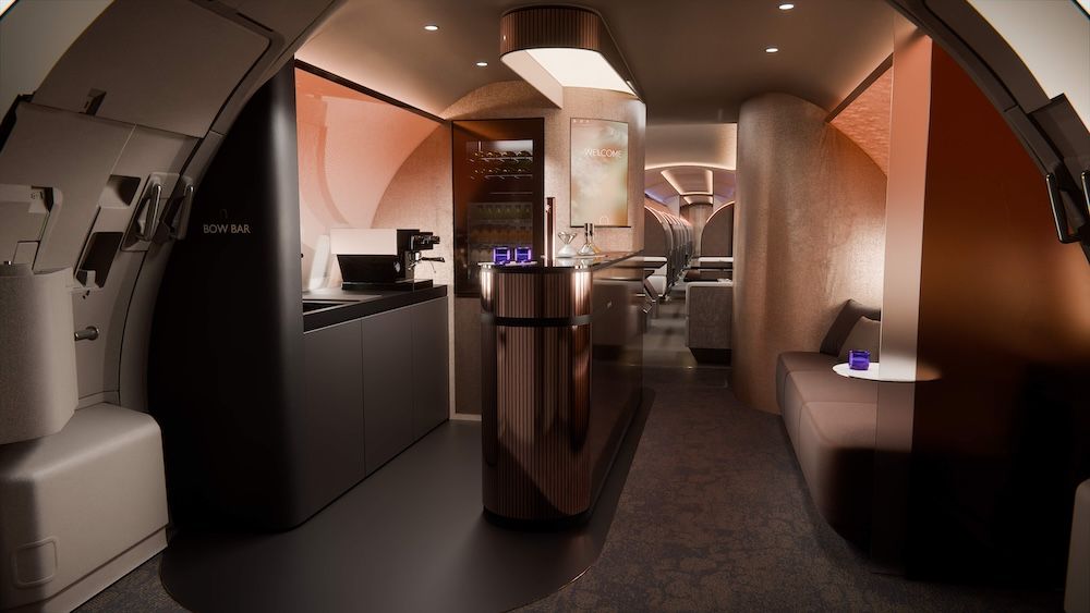 Rendering of The Bow cabin reception zone showing a bar counter, wine storage and a ‘Welcome’ display screen.