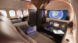 Rendering of Bow Suite with a large display, individual seat positions and a table with touchscreen integration.