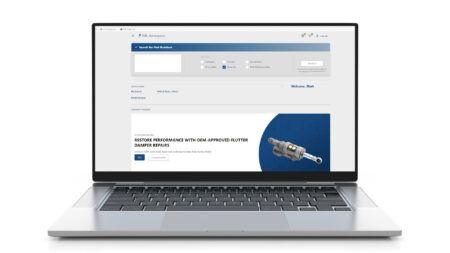 Screenshot of the C&L Aerospace Customer Parts Portal displayed on a laptop, showing the part number search interface with filter options and a featured promotion for OEM-approved flutter damper repairs