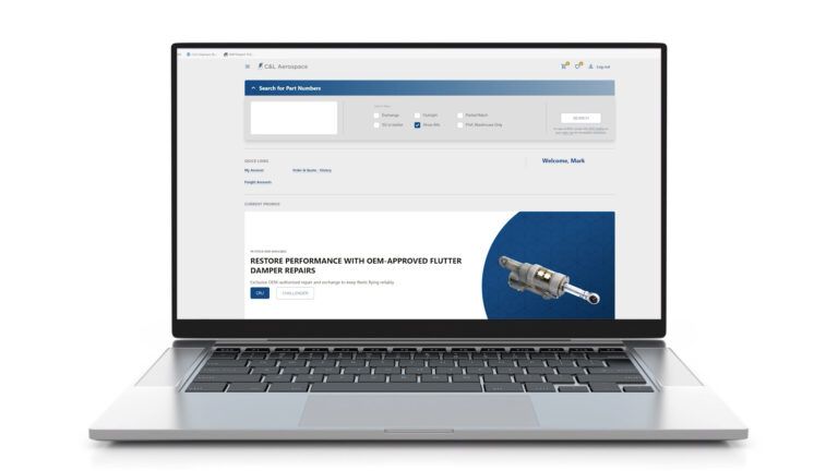 Screenshot of the C&L Aerospace Customer Parts Portal displayed on a laptop, showing the part number search interface with filter options and a featured promotion for OEM-approved flutter damper repairs
