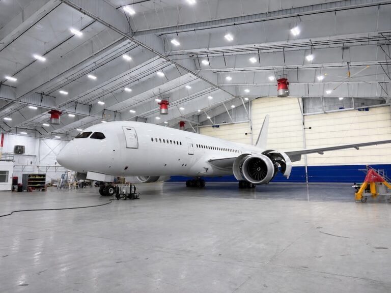 Greenpoint awarded contract for BBJ 787-9 VVIP interior White Boeing 787 Dreamliner inside a VIP completion hangar