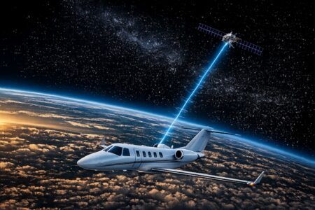 Tamarack announces AirConnect satellite wifi solution Illustrative render showing a LEO satellite transmitting a vivid blue beam to a light business jet.