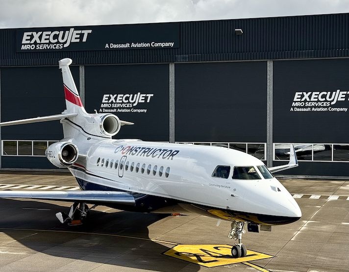 ExecuJet MRO Services completes major Falcon 7X upgrade Constructor-branded Dassault Falcon jet parked outside ExecuJet MRO facility