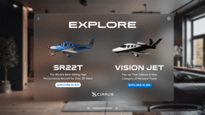 Cirrus SR22T and Vision Jet explore page with 3D buttons