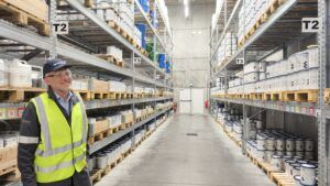 A worker in a hi-vis vest stands in an aisle of a coatings warehouse lined with shelving bays of stacked paint containers