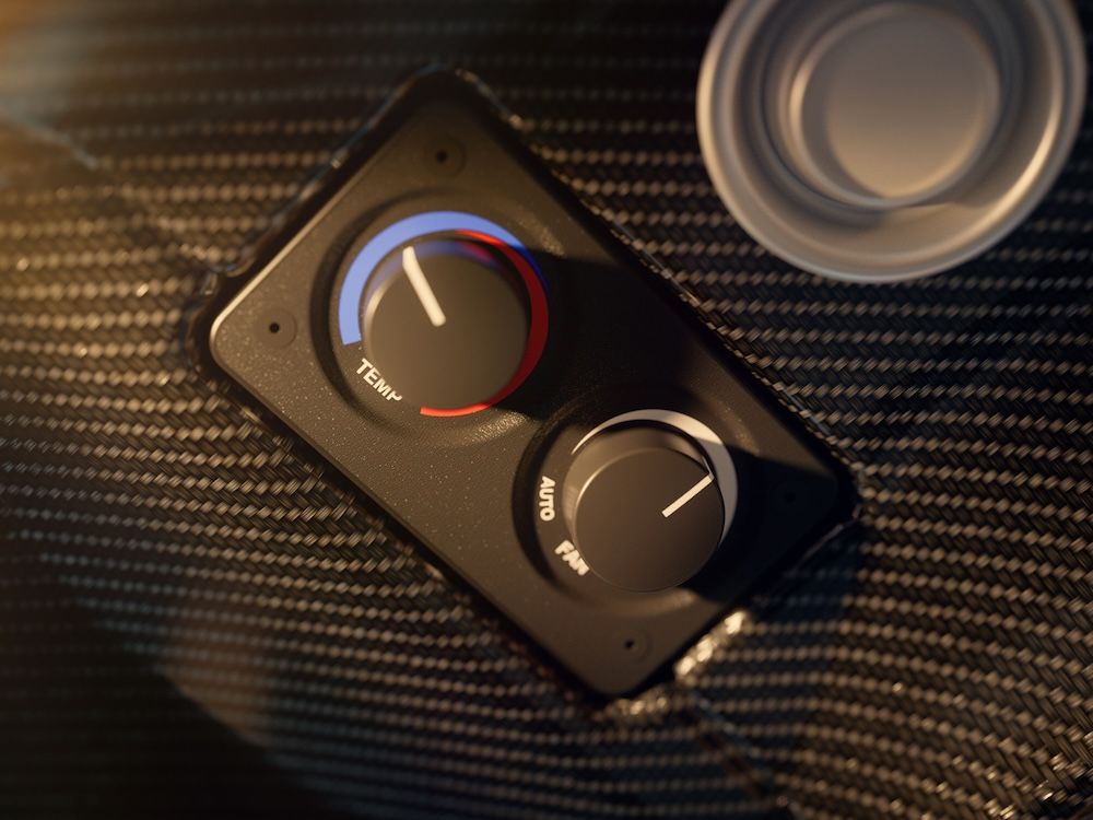 Close-up of the G3 Vision Jet's environmental control panel, showing temperature and fan dial controls beside an air gasper.