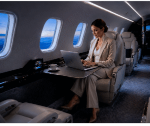A woman in a pale suit works on a laptop at a table in a business jet cabin at dusk