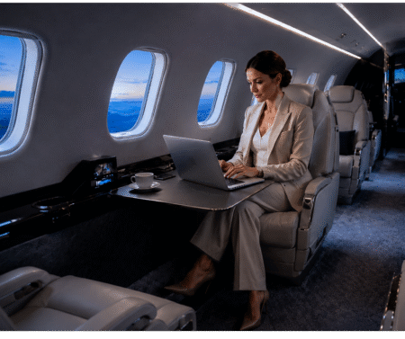 A woman in a pale suit works on a laptop at a table in a business jet cabin at dusk