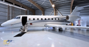 A white Gulfstream G280 business jet parked inside a hangar with its forward airstair door open.