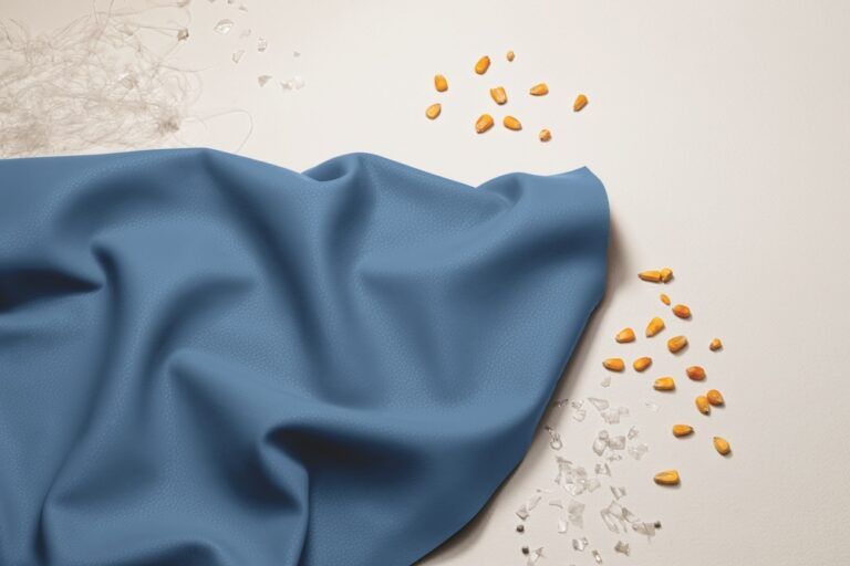 A blue textile swatch from Tapis's Volar Test displayed alongside corn kernels and glass fragments.