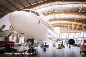 A BBJ767 inside AMAC Aerospace’s maintenance hangar in Basel, Switzerland