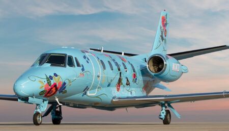 Duncan Aviation tests Gogo 5G on its own Citation Excel Duncan Aviation’s Citation Excel N1KD on airport ramp, light blue livery with flowers and birds