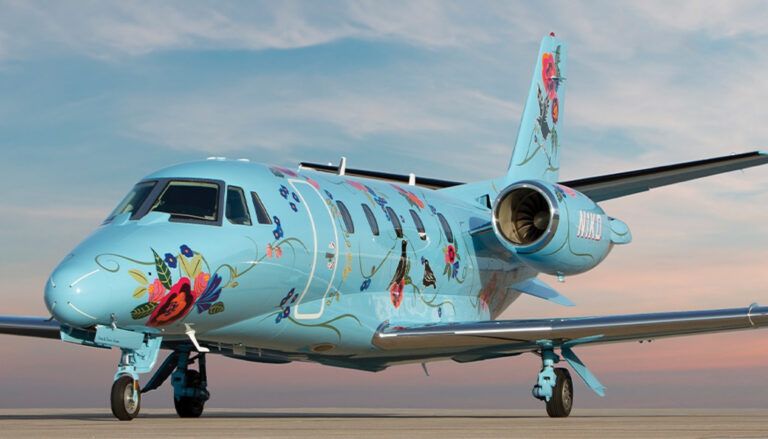 Duncan Aviation’s Citation Excel N1KD on airport ramp, light blue livery with flowers and birds