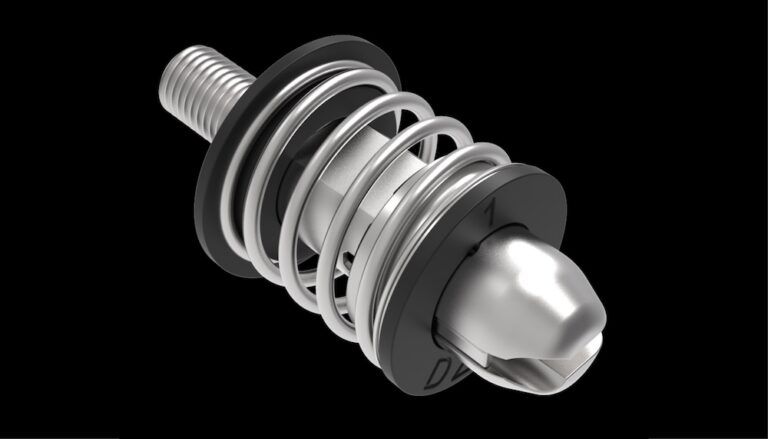 New stainless-steel push-to-open/push-to-close A4 pin latch Close-up of a stainless-steel push-to-open/push-to-close pin latch with visible spring mechanism, shown against a black background