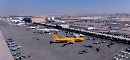 Bahrain International Airshow rescheduled to 2028 Aerial view of various aircraft types and helicopters parked on the apron at Bahrain International Airshow