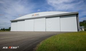 JCB Aero hangar exterior with sliding doors