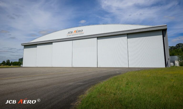 JCB Aero hangar exterior with sliding doors