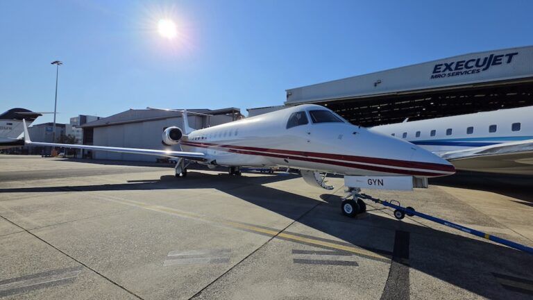 ExecuJet completes heavy maintenance check on Legacy 600 Business jet parked outside an ExecuJet MRO Services hangar