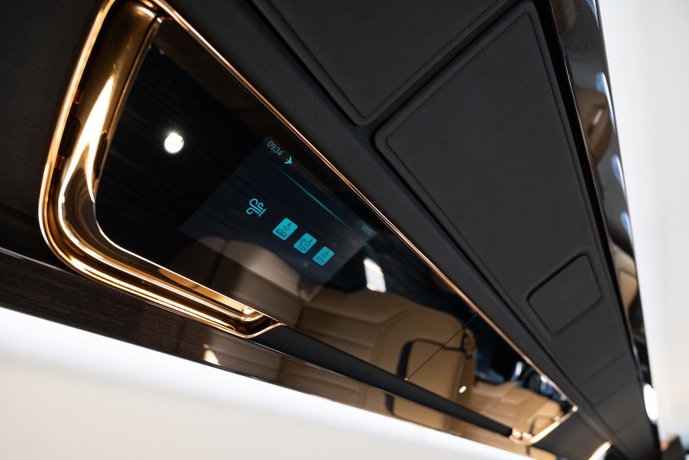 Close-up of overhead cabin panel displaying information and light controls