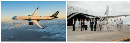 Magnifica Air marks first year Split picture – on the left an aircraft in black and white Magnifica Air livery, flying above snow-covered mountains. On the right, a group of people in light and dark suits standing in a line on an airport apron in front of an aircraft in Magnifica Air livery.