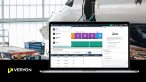A laptop displaying Veryon’s aircraft maintenance software and a chat panel for its AIRE assistant