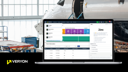 Veryon unveils new platform for business aviation A laptop displaying Veryon’s aircraft maintenance software and a chat panel for its AIRE assistant