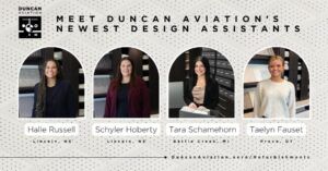A Duncan Aviation graphic headed “Meet Duncan Aviation’s newest design assistants”, showing portrait photos of four women in arched frames, standing in a design studio with fabric and material samples behind them
