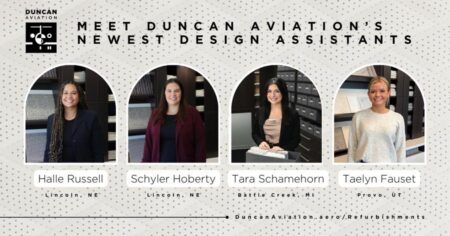 A Duncan Aviation graphic headed “Meet Duncan Aviation’s newest design assistants”, showing portrait photos of four women in arched frames, standing in a design studio with fabric and material samples behind them