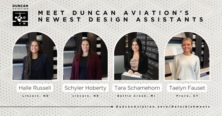 A Duncan Aviation graphic headed “Meet Duncan Aviation’s newest design assistants”, showing portrait photos of four women in arched frames, standing in a design studio with fabric and material samples behind them