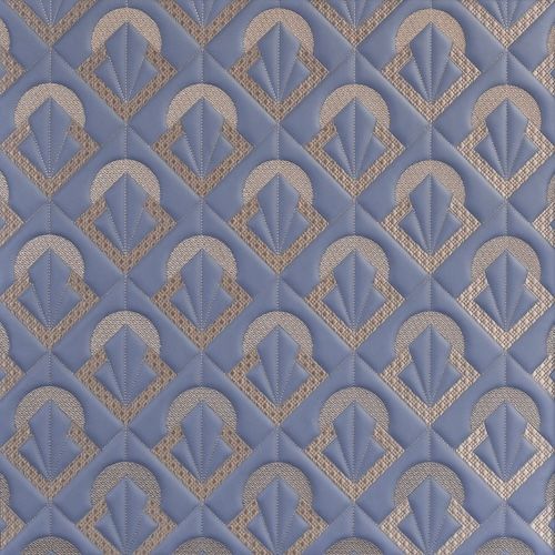 Blue leather with quilted, Art Deco-style fan motifs and metallic embroidered detailing in a repeating diamond pattern