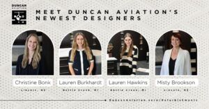 A Duncan Aviation graphic headed “Meet Duncan Aviation’s newest designers”, showing portrait photos of four women in arched frames, standing in a design studio with fabric and material samples behind them