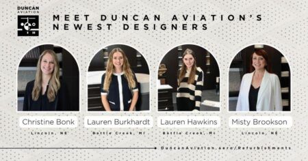 A Duncan Aviation graphic headed “Meet Duncan Aviation’s newest designers”, showing portrait photos of four women in arched frames, standing in a design studio with fabric and material samples behind them