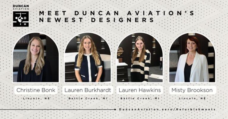 A Duncan Aviation graphic headed “Meet Duncan Aviation’s newest designers”, showing portrait photos of four women in arched frames, standing in a design studio with fabric and material samples behind them
