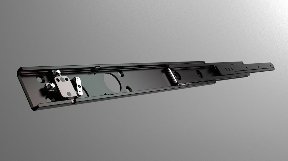 Rendering of a black anodised telescopic drawer slide with lock mechanism, on a grey background