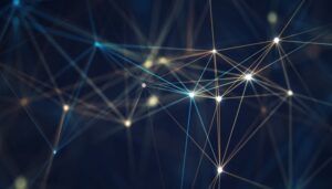 Abstract digital network background with glowing blue and orange connection lines and dots
