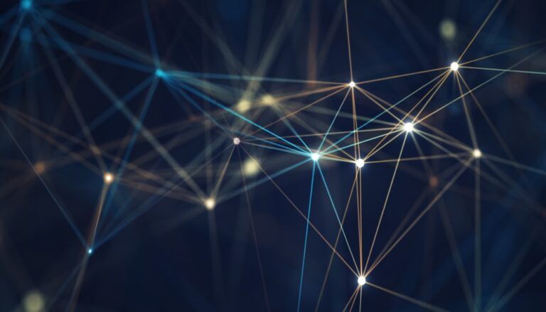 Gogo signs GEO connectivity contract with government customer Abstract digital network background with glowing blue and orange connection lines and dots